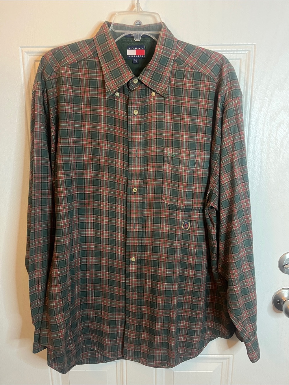 Tommy Hilfiger Men's Green and Red Plaid Button-Down Shirt